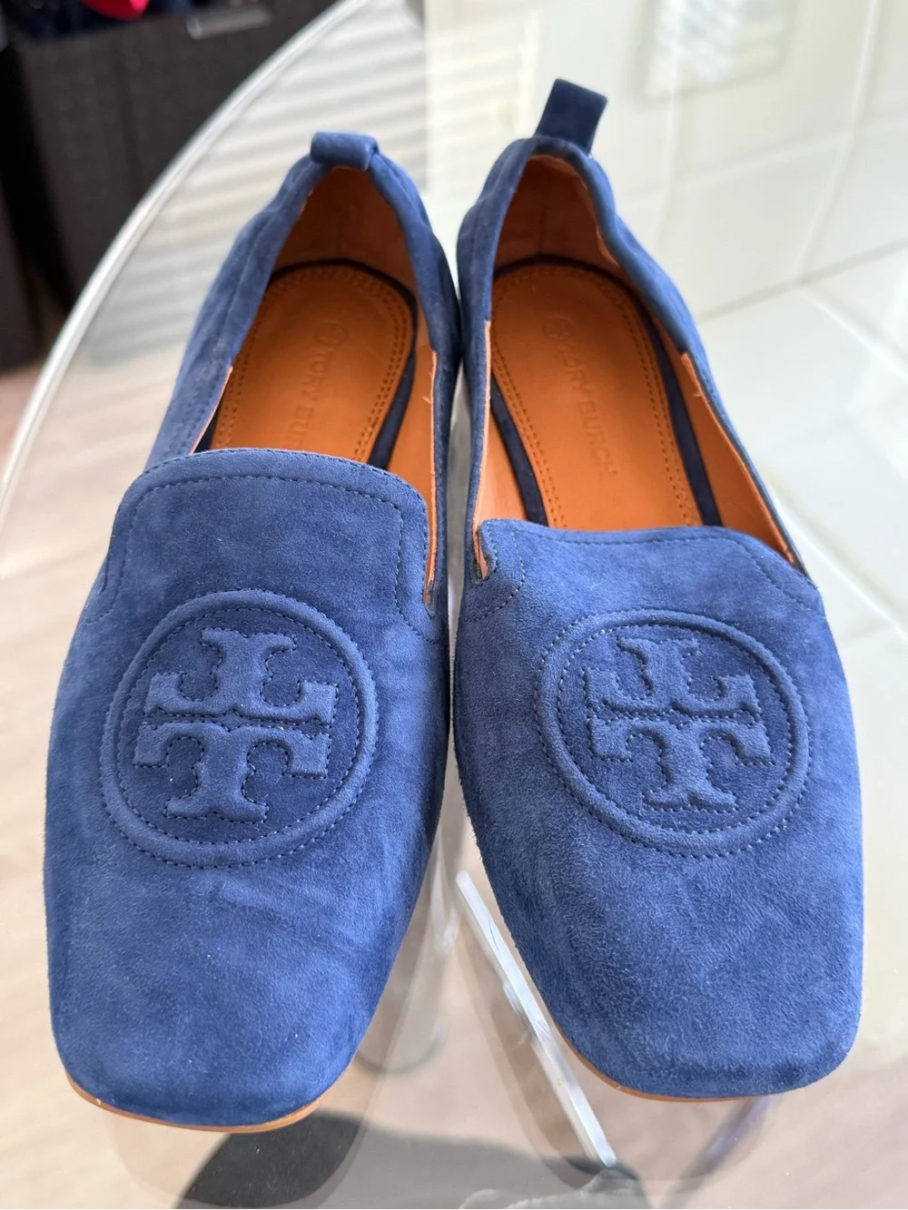 Tory Burch Navy Suede Logo Loafers